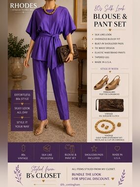 Vintage Rhodes Collections Purple Blouse Pant Set 80s Silky Power Suit USA